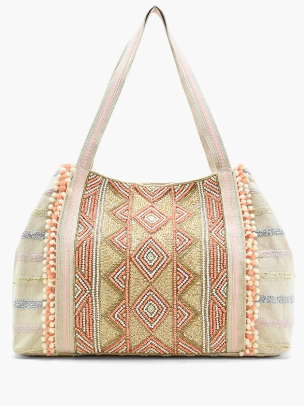 America & Beyond Rose Gold Beaded Tote Bag Hand-beaded in Pink White Gold Beads